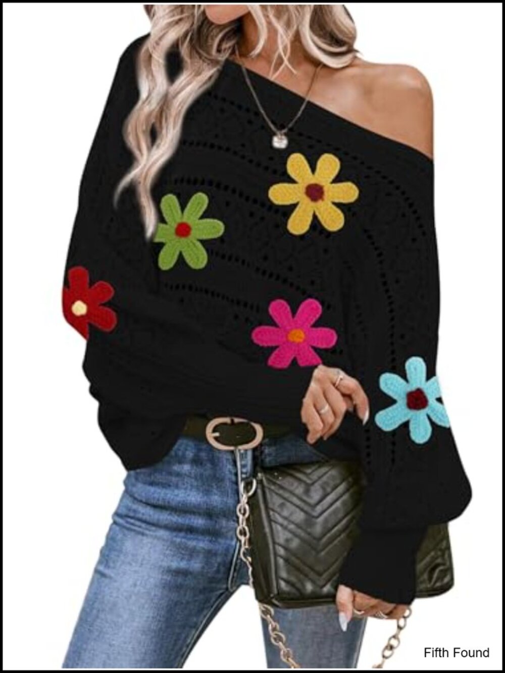Cakulo Women's Off Shoulder Floral Pullover Sweater Long Sleeve Knit Top